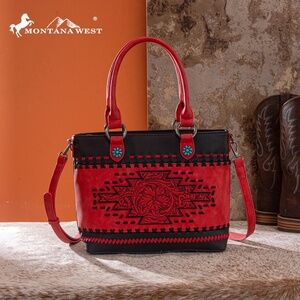 Montana West Western Tooled Aztec Concealed Carry Tote/Crossbody Black